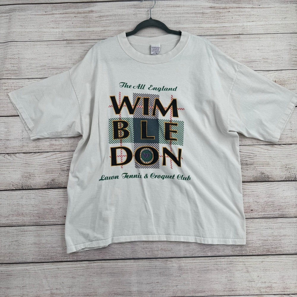 Vintage 90s Wimbledon Graphic T-Shirt Mens XL White Lawn Tennis Croquet Club USA